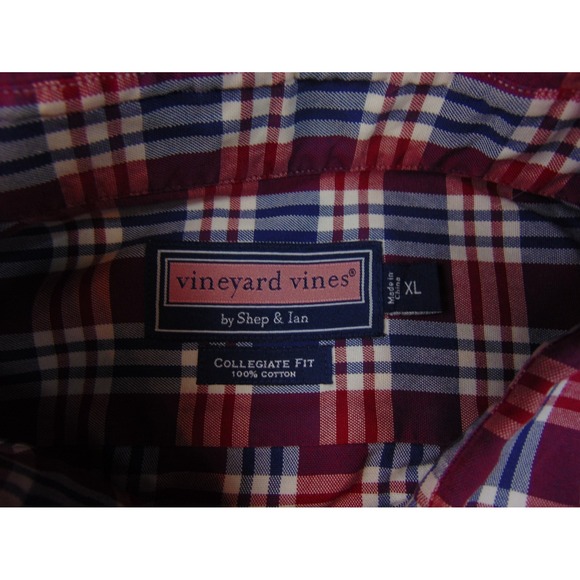Vineyard Vines Shirt Mens XL Collegiate Fit Red Blue Plaid Cotton Button Front - Picture 4 of 8